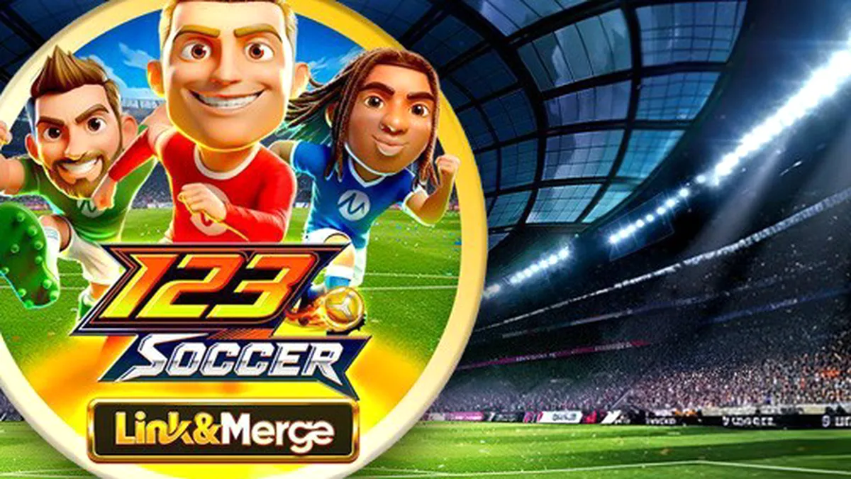 Interface do jogo 123 Soccer Link&Merge com temática de estádio de futebol