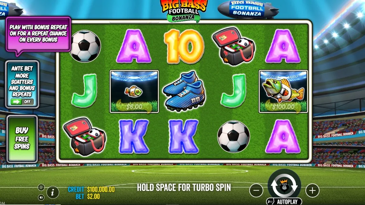Big Bass Football Bonanza slot com tema de futebol e pesca